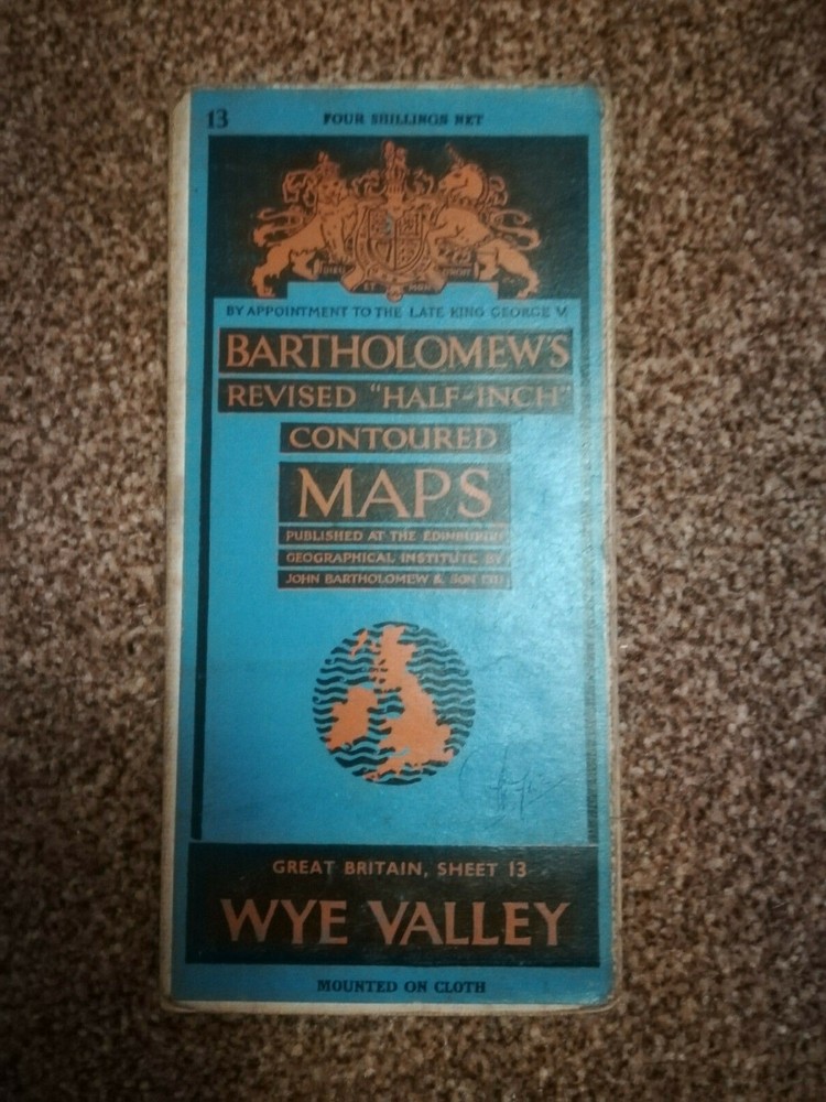 1946 CLOTH BARTHOLOMEWS HALF-INCH CONTOURED MAP WYE VALLEY SHEET 13
