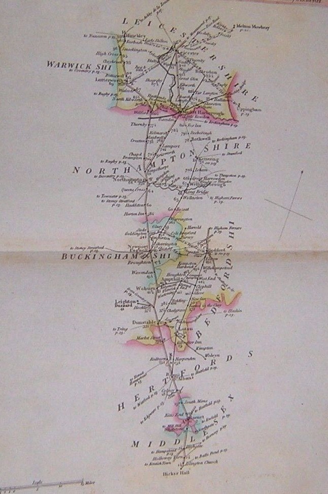 1806 ROAD MAP. HAND COLOURED. MIDDLESEX TO LEICESTERSHIRE (HERTS BUCKS BEDS etc)