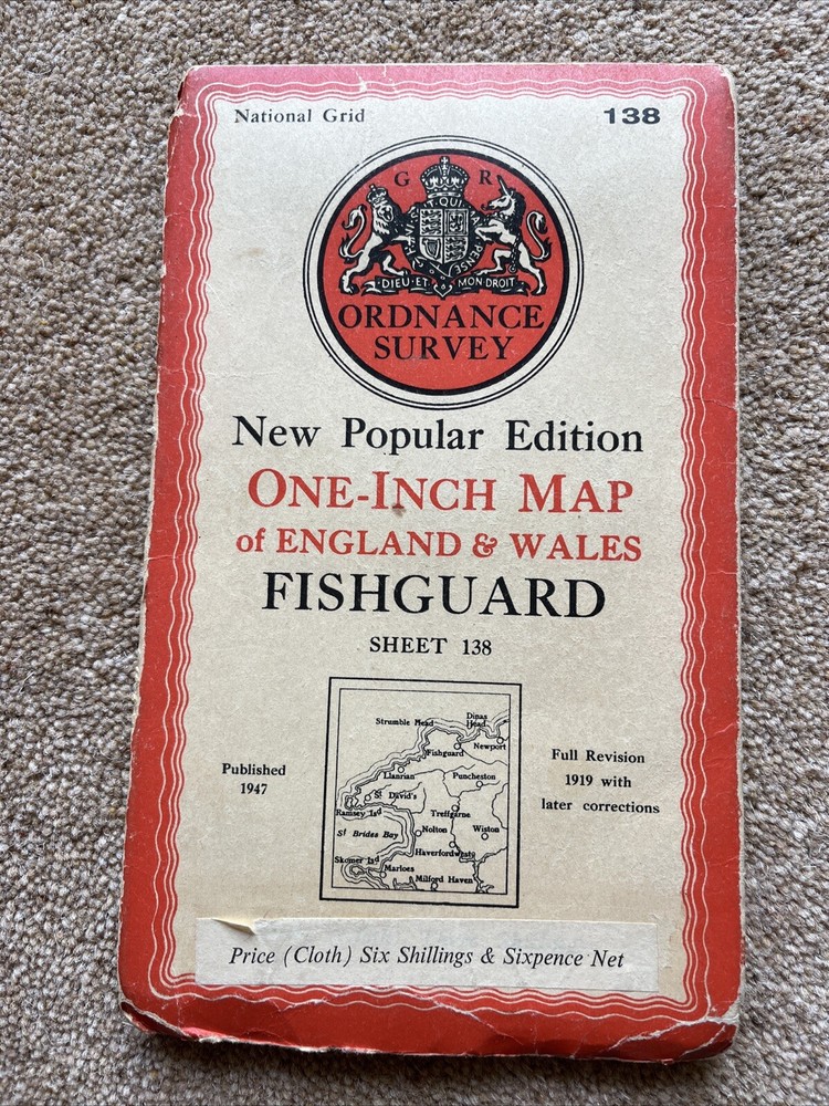 Vintage OS One Inch Map -Fishguard – Sheet 138 – 1947 – Ordnance Survey