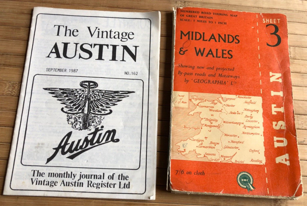 Austin Motors vintage Midlands/Wales map, imperfect, + 1987 Austin journal