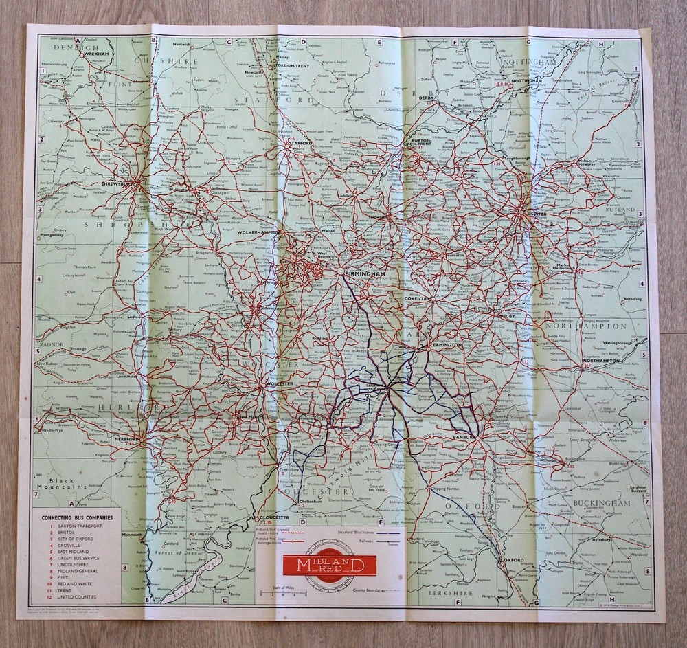 1958 Map Midland Red Bus Service Worcester Birmingham Nottingham Stafford Stoke
