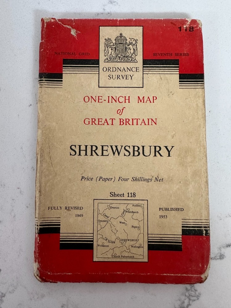 OS Ordnance Survey One Inch Paper Map, Shrewsbury, Sheet 118, 1953