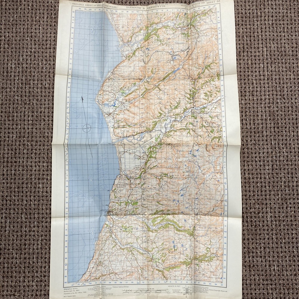 BARMOUTH & ABERYSTWYTH Second War Revision Sheet 68 – 1940 OS Map WWII Vintage