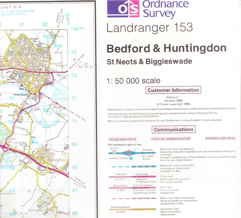 ORDNANCE SURVEY LANDRANGER MAP: BEDFORD & HUNTINGDON (laminated)
