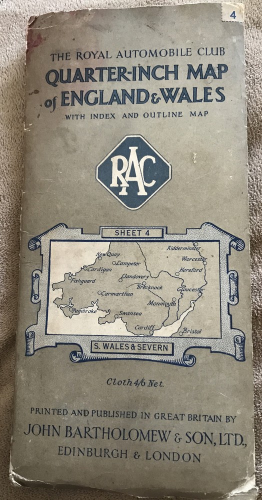 Vintage Map Severn and S Wales RAC 1/4 inch Sheet 4c.1930s