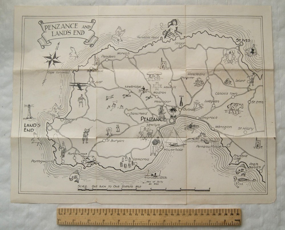 Vintage: Street map Penzance with omnibus routes, map of Penzance & Land’s End