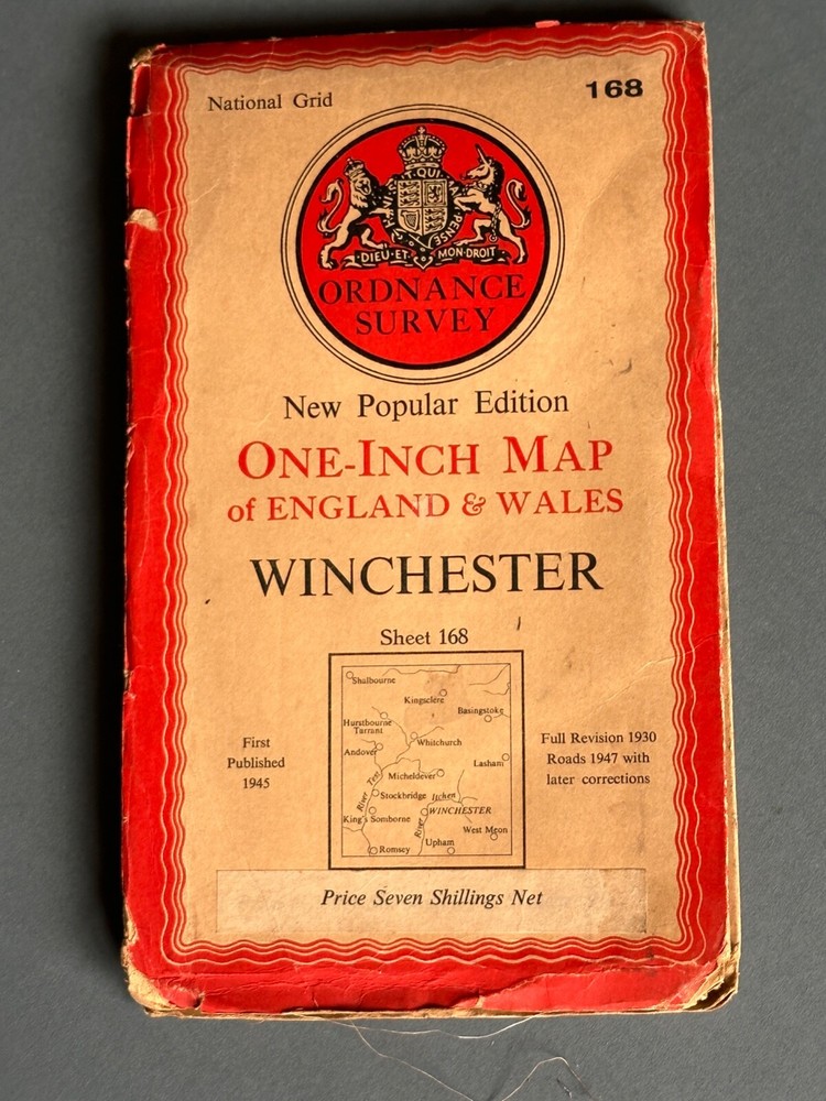 Vintage Ordnance Survey One Inch Cloth Map, of Winchester, no 168, 1945….