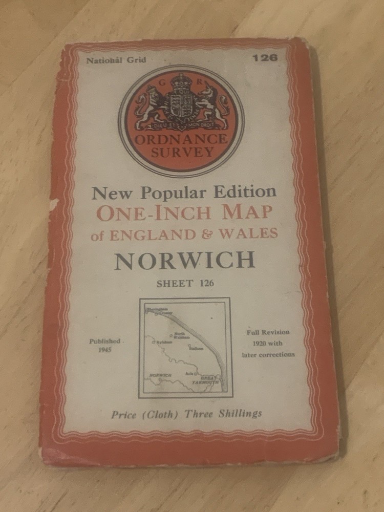 Vintage 1945 Ordnance Survey Norwich Sheet 126 One Inch Map New Popular Edition