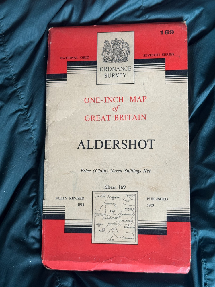 OS Ordnance Survey One Inch Cloth Map, Aldershot, Sheet 169, 1959