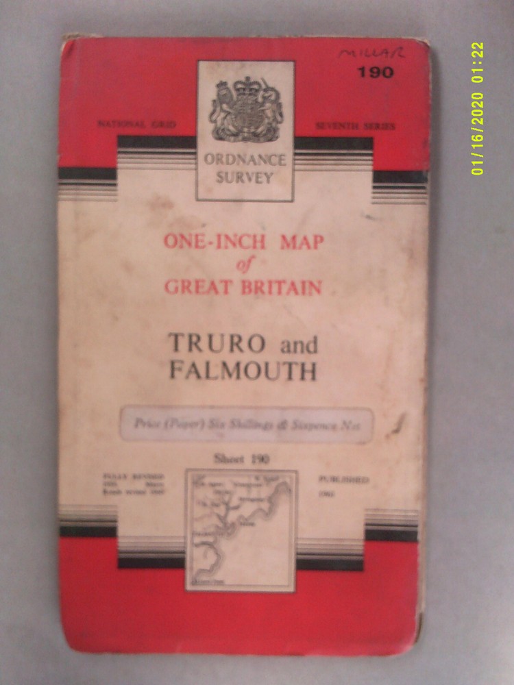 Ordnance Survey One-Inch Map. Sheet 190. TRURO and FALMOUTH. Good.