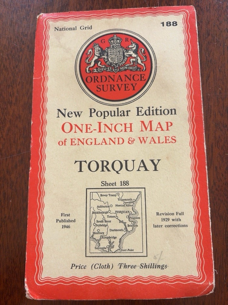 Vintage Ordnance Survey Torquay Sheet 188 Cloth Map 1946 With Writing
