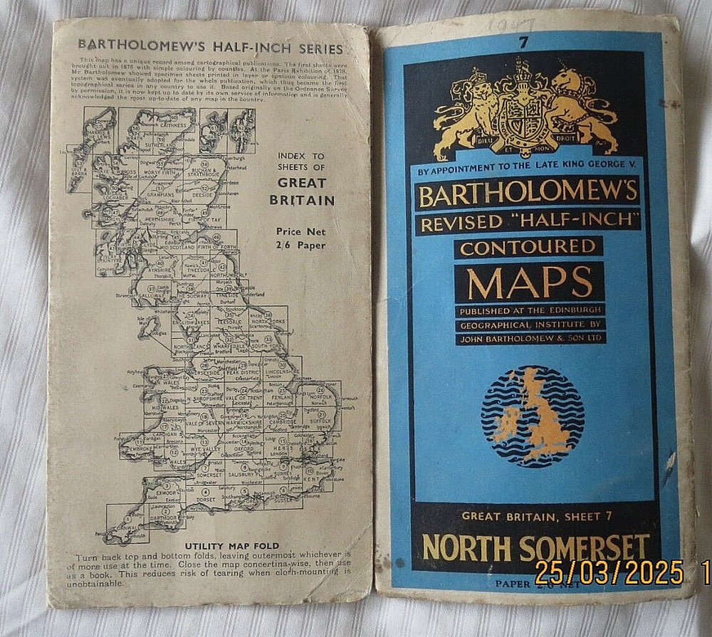 Bartholomew’s “Half Inch” map of NORTH SOMERSET (Contoured) 1947