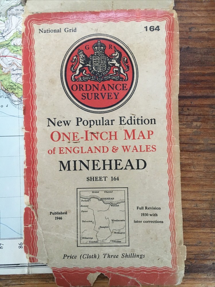 Vintage 1946 Ordnance Survey Cloth Backed Map Of Minehead # 164