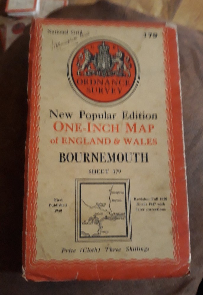 Ordnance Survey New Popular Edition 1″ Bournemouth 179 cloth) 1940