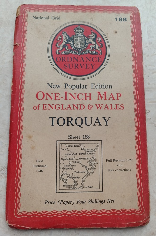 Ordnance Survey One-Inch Map 188 TORQUAY New Popular 6th Edition 1946 Paper