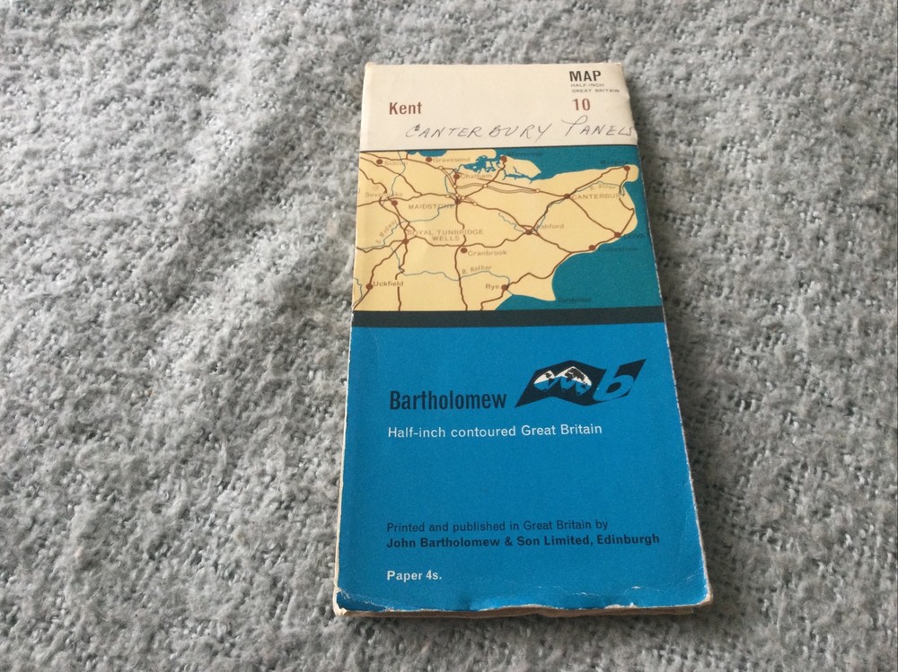 1970s Old Vintage Bartholomew’s Half-inch Contoured Map Sheet 10 Kent