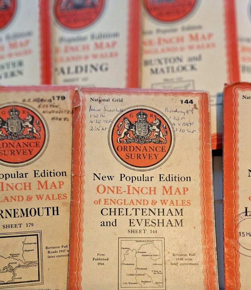 14 x Vintage O.S. Maps – New Popular Edition -cloth 1940s Ordnance