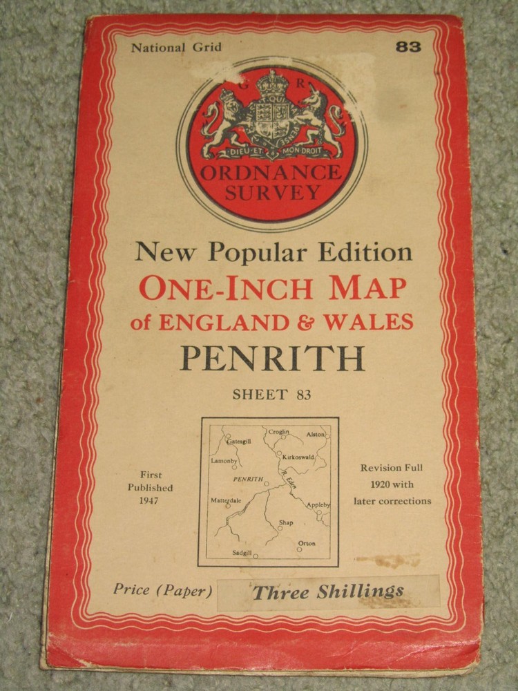 OS Ordnance Survey 1″ New Popular Edition sheet 83 Penrith – 1947 on paper