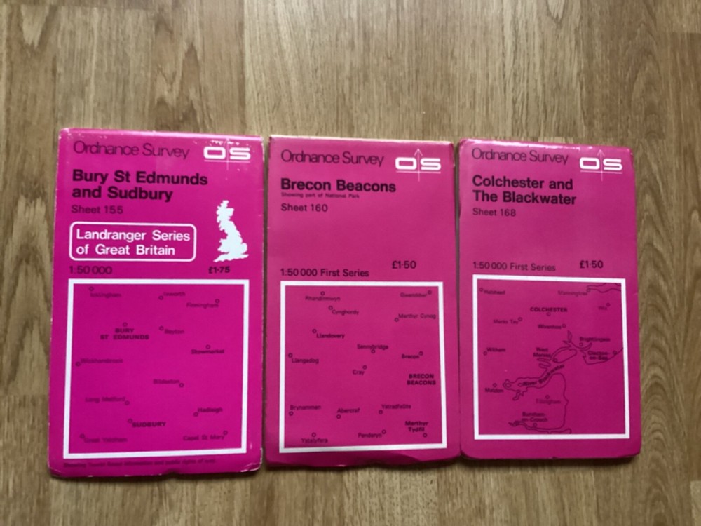 3 x Vintage Ordnance Survey Map Bundle – 1:50 000 scale – Maps/Crafting/Art etc