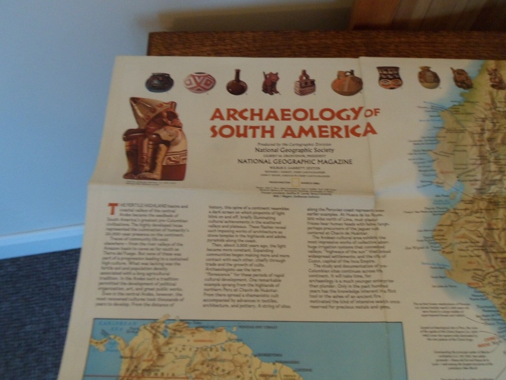 vintage nat geo map 1982 Archeologyof South America wallchart double sided