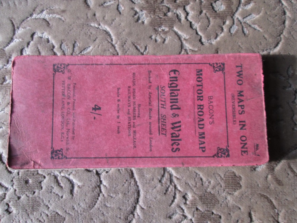 Bacon’s Motor Road Map England & Wales South Sheet & Arterial Roads & By-Passes