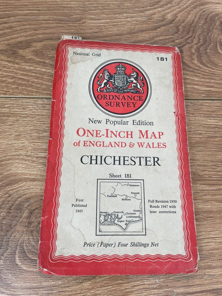 OS Ordnance Survey 1″ New Popular Edition sheet 181 Chichester – 1945 on cloth