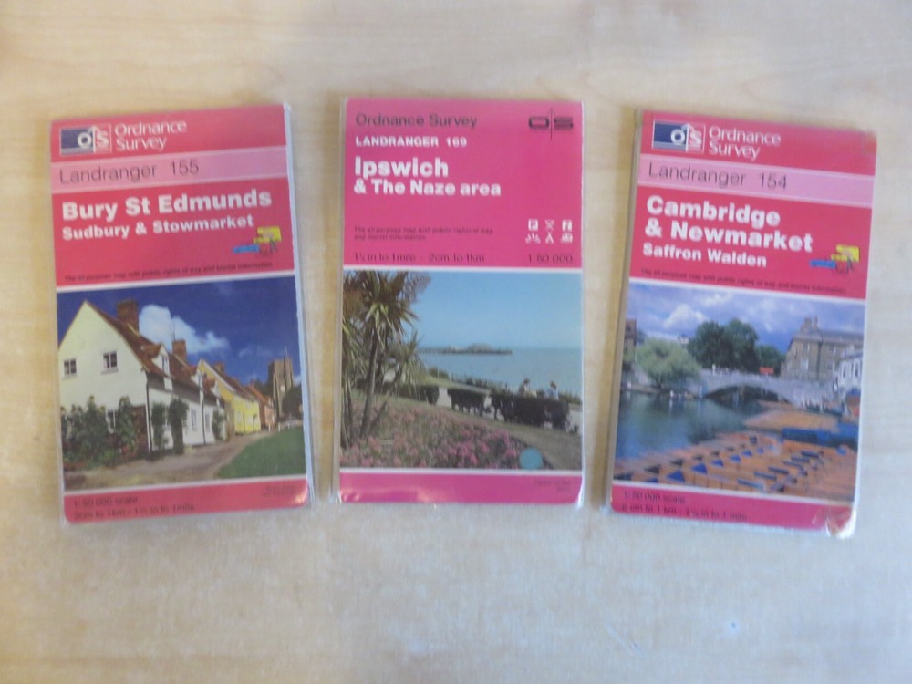 O S Landranger Maps x 3 Cambridge, Bury St Edmunds & Ipswich with covers.