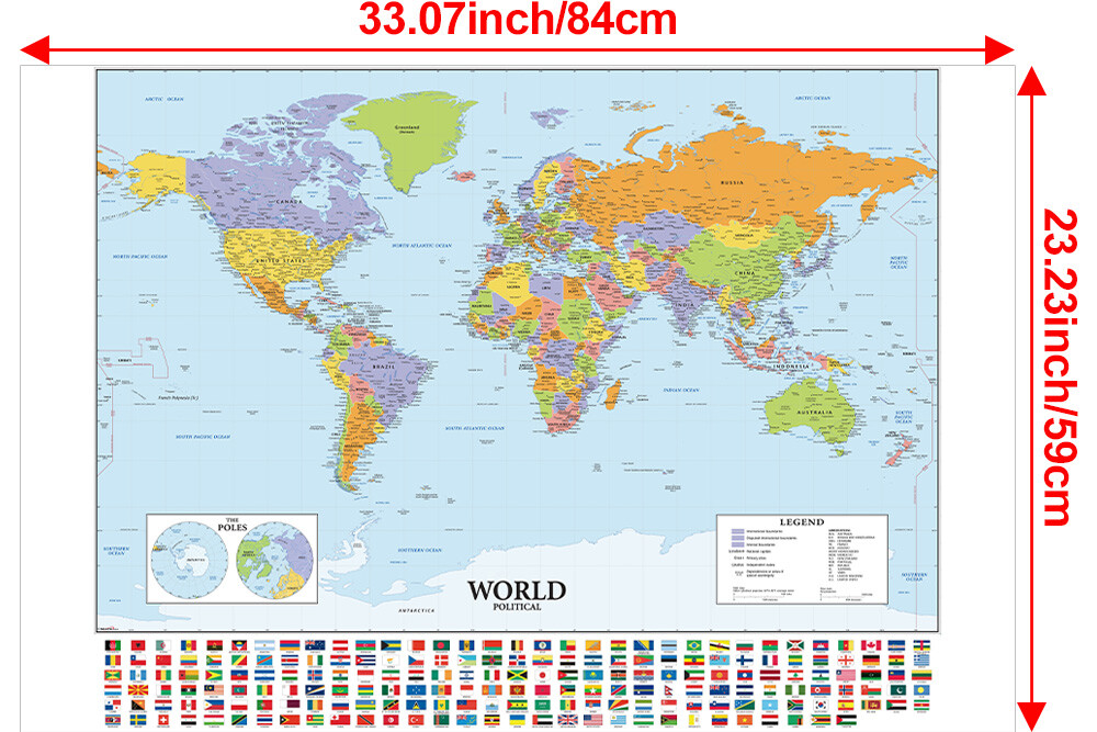 A1 A2 World Map With Flags Poster Education Geography School Home Wall Chart