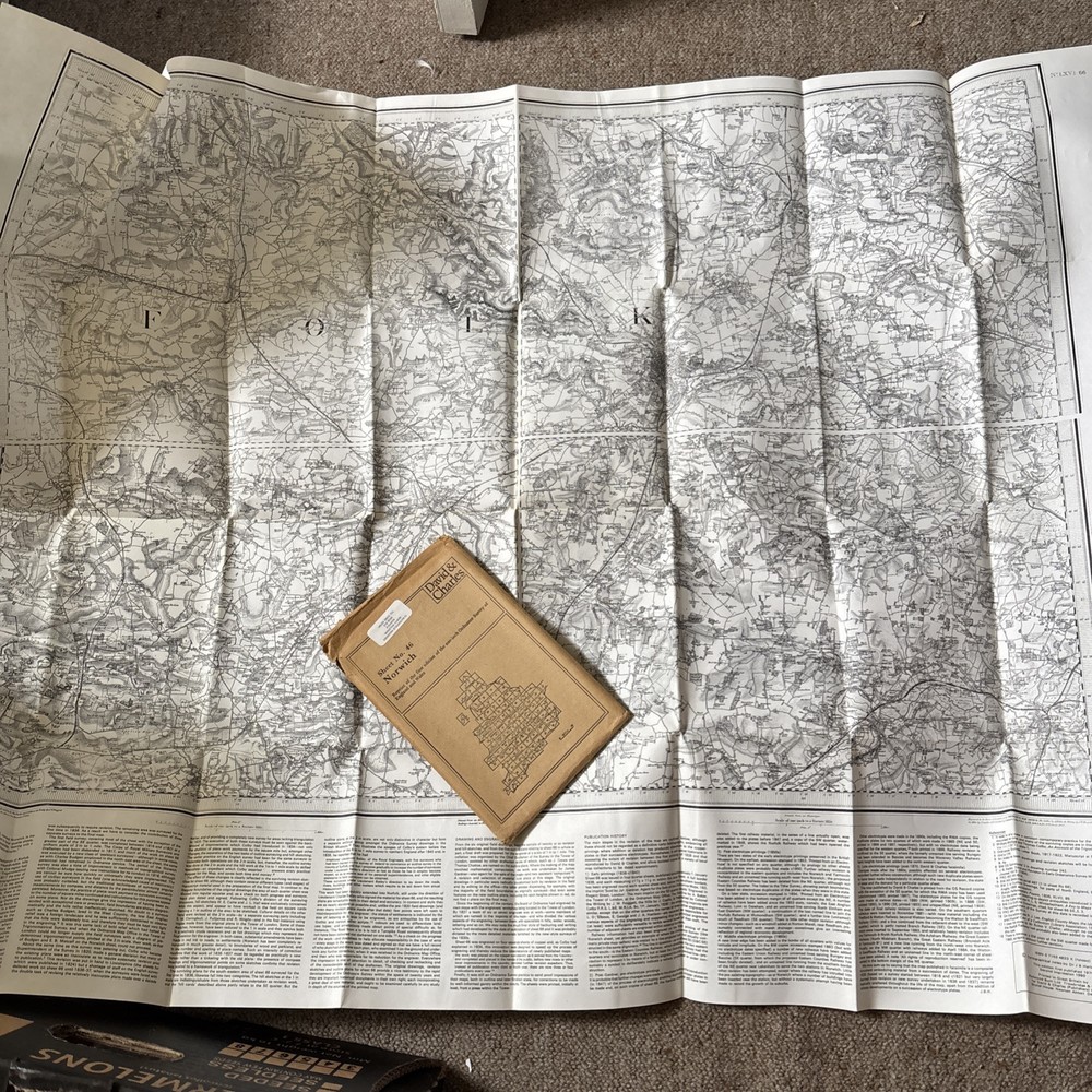 Vintage Map Sheet No 46 Norwich Norfolk Black & White Folded Reprint In Envelope