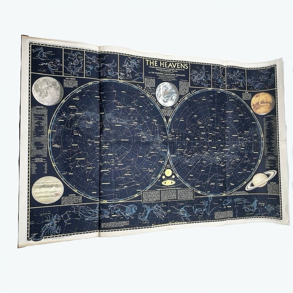 Vintage 1970 The Heavens National Geographic Poster Star Chart Map, 23” x 35”