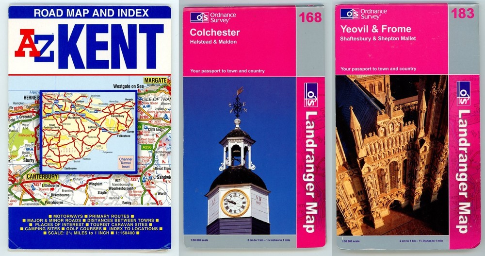 3 Area Maps A-Z Kent, Ordnance S Landranger 168 183 Colchester, Yeovil & Frome