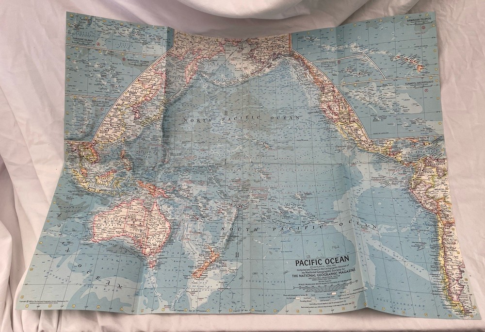 Vintage National Geographic Map Pacific Ocean April 1962