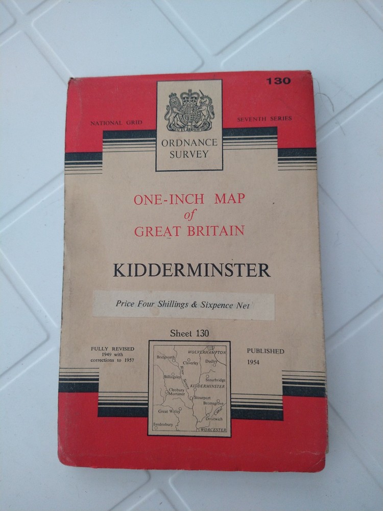 OS Ordnance Survey One Inch Cloth Map of Kidderminster- Sheet 130 – 1954