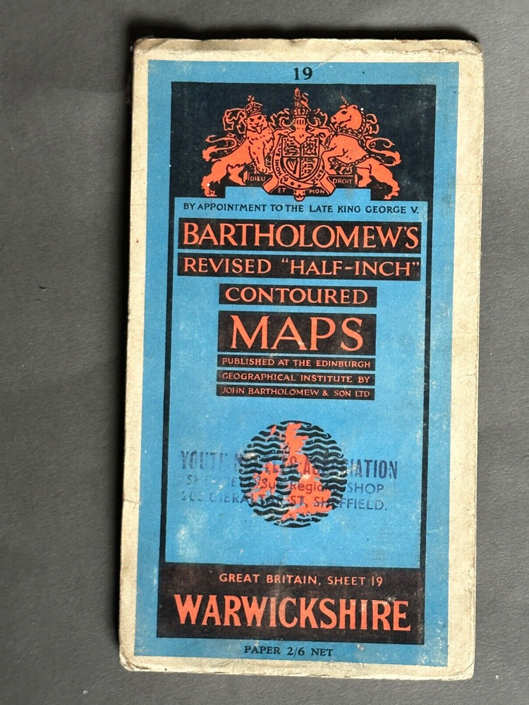 Vintage Bartholomew’s Half Inch Paper Map, Sheet 19, Warwickshire. 1951