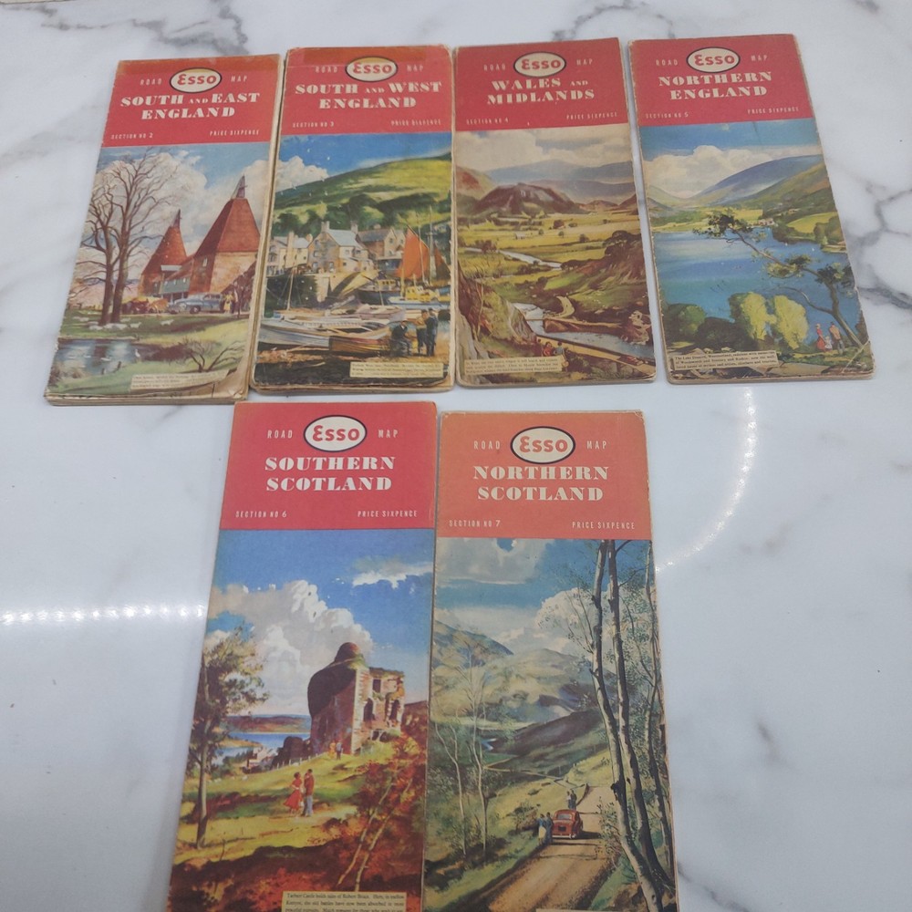 6 Road Maps of England Wales & Scotland. Vintage Esso Map Collection. 1958 / 9.