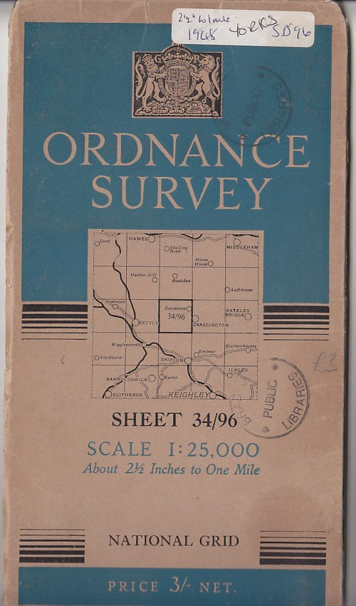 Ordnance Survey 1:25,000 First Series Cloth Map Sheet 34/96 (SD 96) Conistone