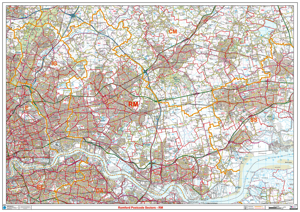 (G104) Map of Romford Postcode RM Sectors, Poster of Romford Postcodes