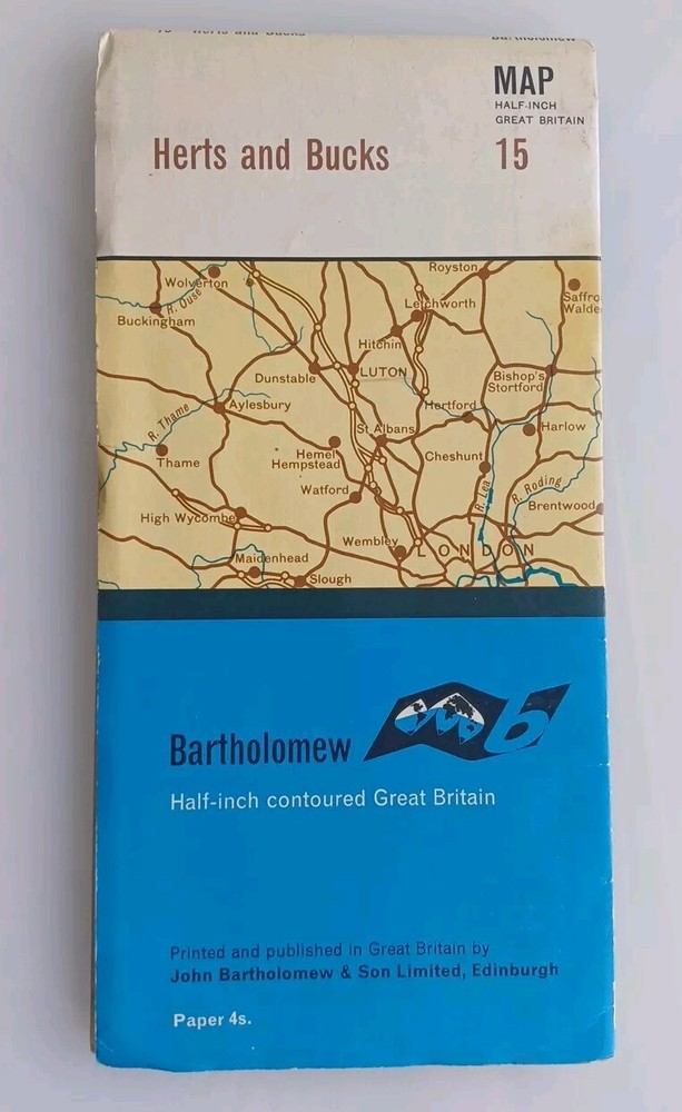 Vintage Bartholomew Half Inch contoured Map 15 Herts and Bucks 1966