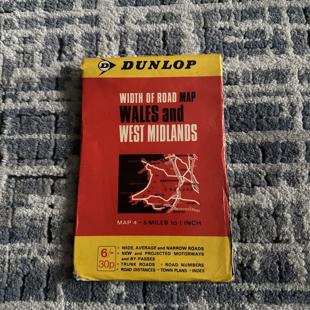 Dunlop, width of road map Wales and West Midlands, 5 miles to 1 inch, vintage