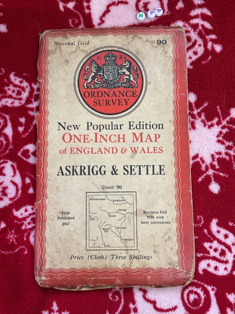Ordnance Survey vintage , rambling walking Map , Askrigg Settle 1947 , Rare