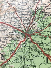 Vintage Temple Press Motor Coloured Contour Map. Warwick Coventry Birmingham.