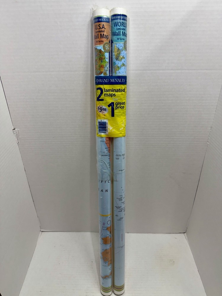 RAND MCNALLY World & US Laminated Wall Maps M Series 50×32″ New Sealed