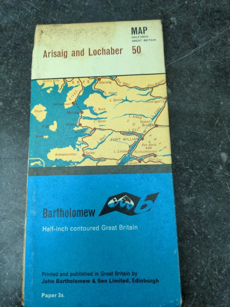 Vintage Bartholomew half-inch contoured map number 50 Arisaig and Lochaber paper