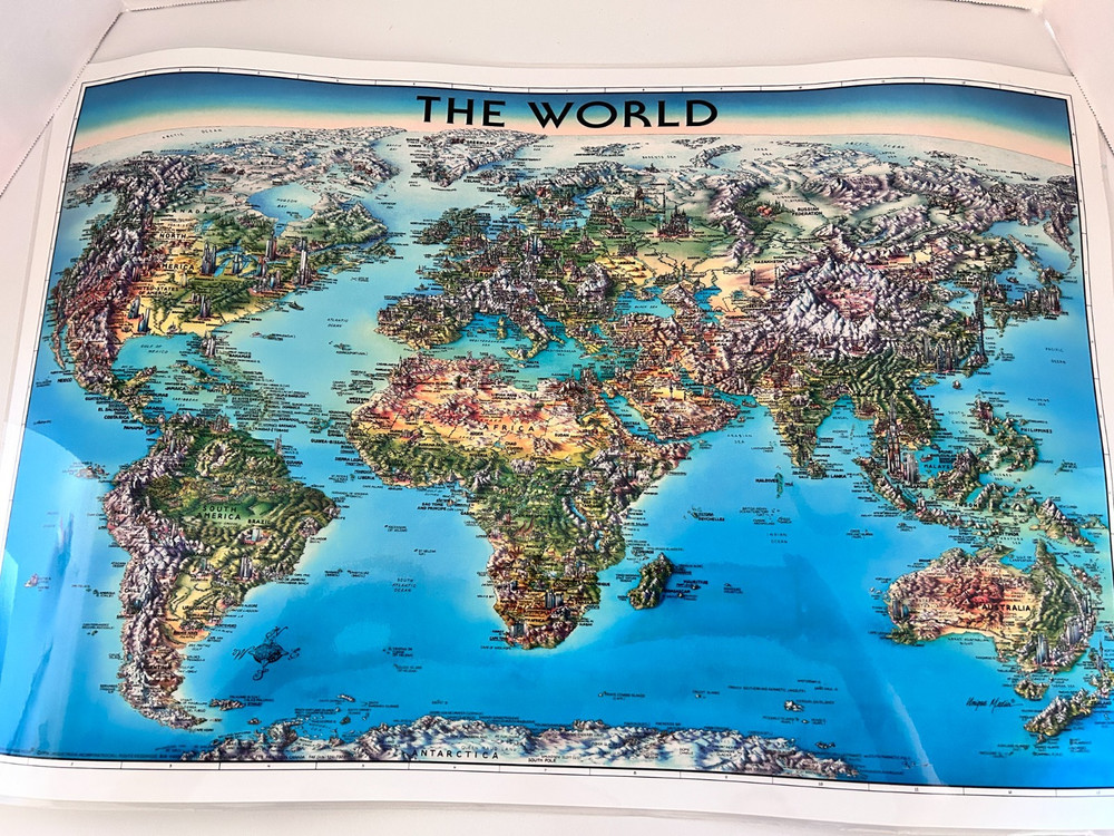 Unique Media Maps Laminated 3D Map ‘The World’ Artistic Illustration 1996