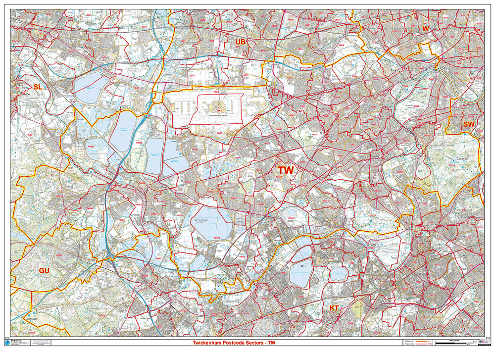 (G116) Map of Twickenham TW Postcode Sectors, Poster of Twickenham Postcodes