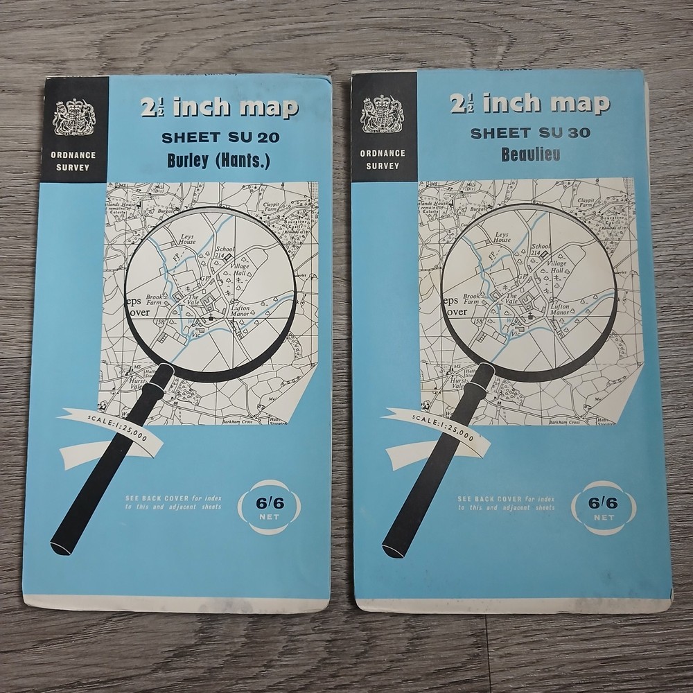 2x Vintage Ordnance Survey New Forest Maps Sheet SU20 Burley SU30 Beaulieu 2.5″