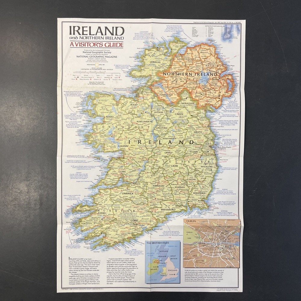 vintage 1981 April Ireland visitors National Geographic Map northern republic of