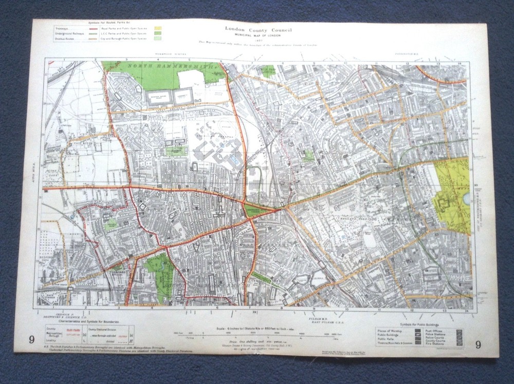 Vintage LONDON CC Municipal Map 1930 – Hammersmith, Kensington, Notting Hill