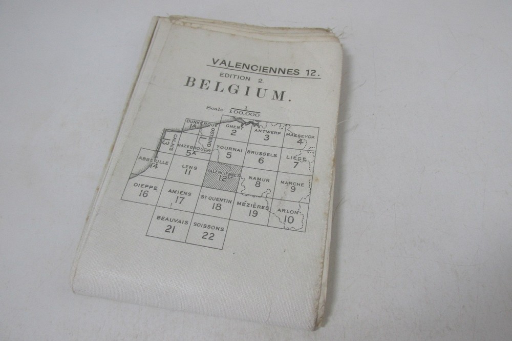 War Office issue Belgium cloth fold-out map, April 1916. Valenciennes 12.