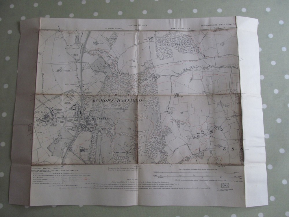 VINTAGE OS MAP OF HATFIELD AREA HERTFORDSHIRE DATED 1925 SIX INCHES TO ONE MILE